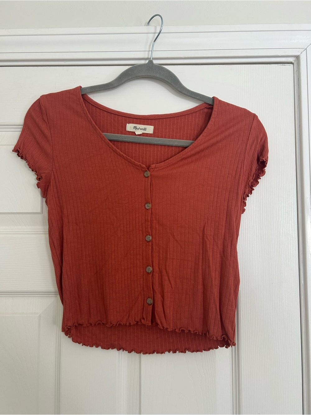 Madewell Rust Red Ribbed Button-Front Crop Top